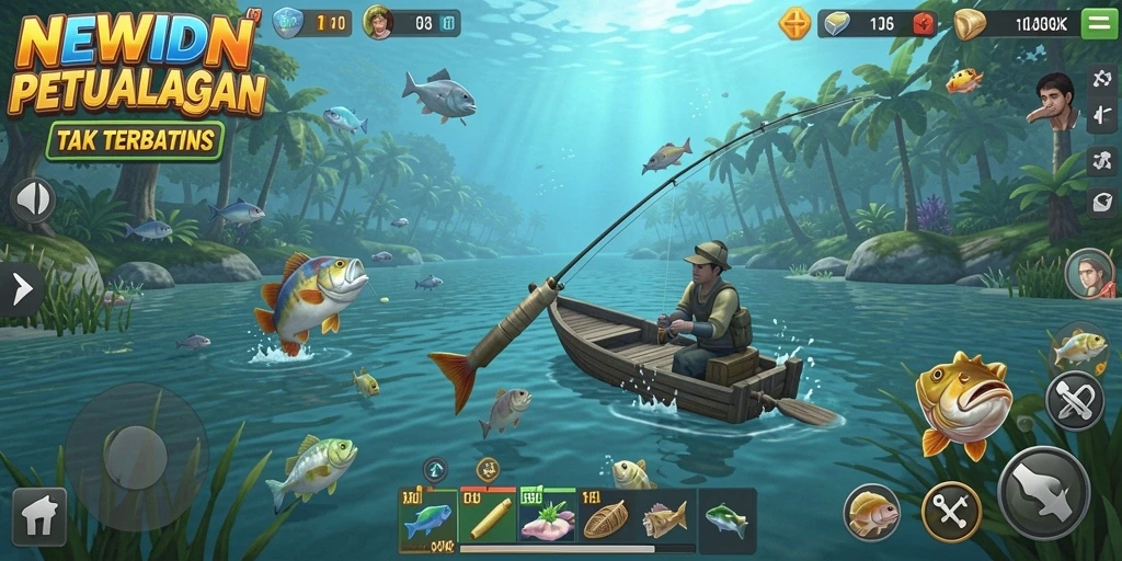 Tampilan gameplay yang mendebarkan dalam NEWIDN dengan aksi memancing yang intens.